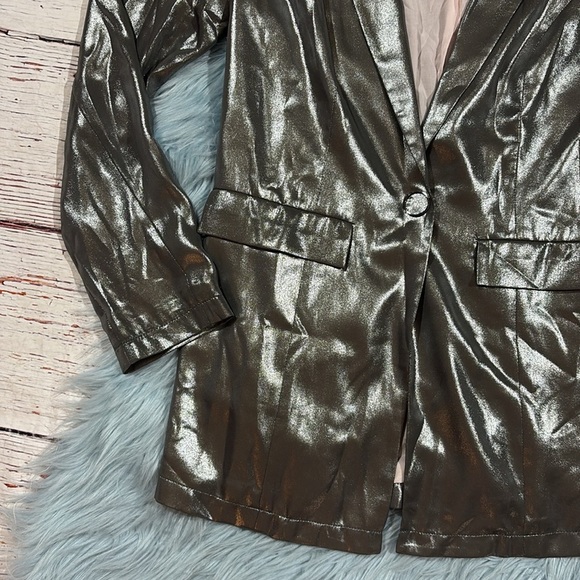Anthropologie Maeve Zada Silver Metallic Dark Blazer Jacket - Picture 6 of 10